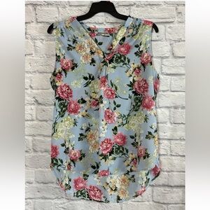 Pleione Womens Light Blue Floral Sleeveless Blouse Hi Low Hem Size XL
